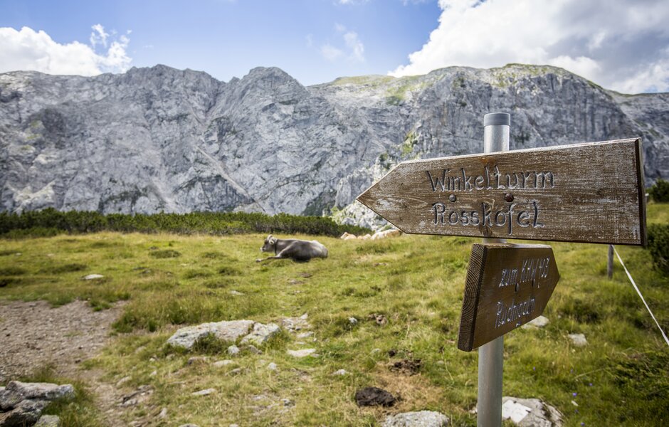 Wandern-Schild-Winkelturm-Rosskofel-Nassfeld | © MartinSteinthaler Wandern-Schild-Winkelturm-Rosskofel-Nassfeld | © MartinSteinthaler